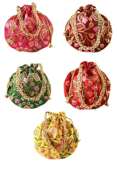 SHREEM Rajasthani Style Royal Clutch Silk Batwa Bag Wristlets Embroidered Potli Bag With Floral Design, Pearl Handle, Traditional Drawstring Purse PACK OF 6 POTLIS-image-37