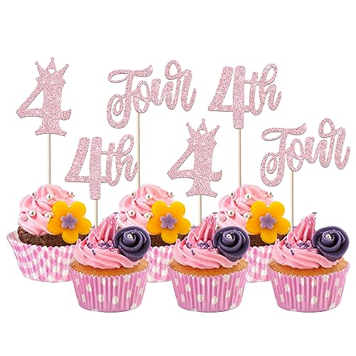 24 pezzi decorazioni per torte di compleanno con glitter Happy 4th Cupcake Toppers Crown decorazione per baby shower quarta festa decorazioni rosa