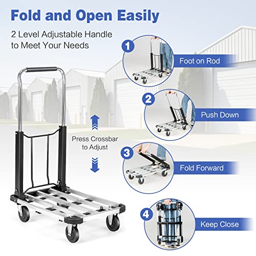 Safstar Folding Hand Platform Truck, Aluminum Utility Dolly Platform Cart With Extendable Base, 4 Wheels, Adjustable Height, 330 Lbs Heavy Duty Collapsible Dolly For Luggage Travel Moving Shopping #TOP14