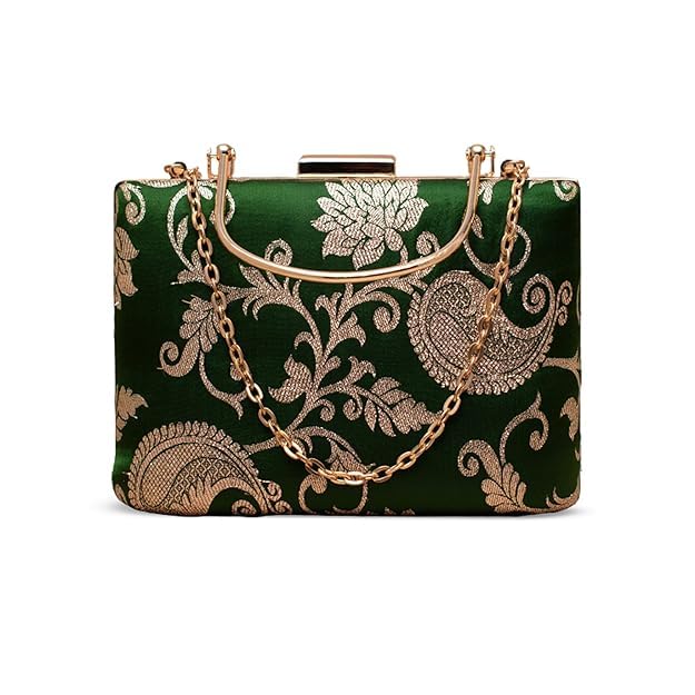 Floral Embroidered Ethnic Clutch for Women - Traditional Saree Purse with Detachable Sling Chain - Luxury Bridal Wedding Bag & Hand Clutch for Women Stylish Festive Evening Events-image-5