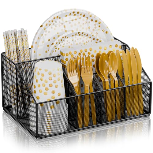 Hordely Metal Paper Plate Holders Dispenser, Disposable Paper Plate Utensils Holder for Party, Napkin Cups-Silverware Cutlery Holder Caddy for Kitchen Counter, Black