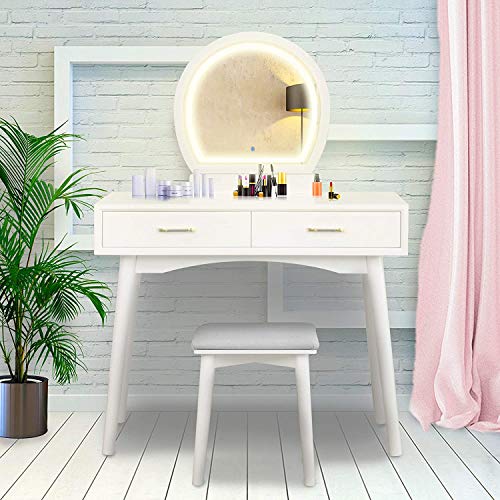 YOUKE Vanity Table Set avec lumière LED et Interface USB Round Mirror 2 Grands Tiroirs Coulissants, Coiffeuse De Maquillage avec Tabouret Rembourré, Blanc
