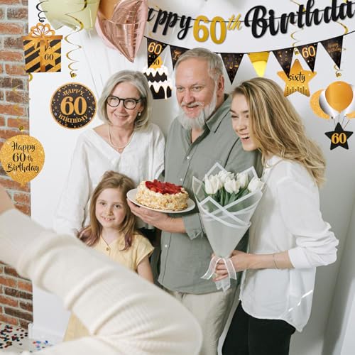 Image of Black & Gold 60th Birthday Decoration Kit - Happy 60th Birthday Decorations for Women & Men with 10PCS Hanging Swirls
