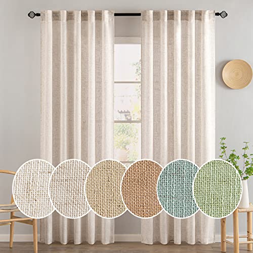 MIULEE Natural White Linen Curtains 86 Inch Long for Bedroom Living Room, Soft Thick Linen Textured Window Drapes Semi Sheer Light Filtering Rod Pocket Back Tab Neutral Farmhouse Cream Ivory 2 Panels