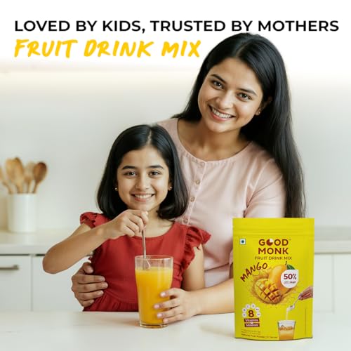 Image of Good Monk Fruit Drink Mix (Natural Mango) - 50% Less Sugar, 8 Vitamins & Minerals for Instant Hydration, Nutrition & Energy | Mango Flavor Juice Powder | Summer Drink for Kids, Men & Women | 10 Serves