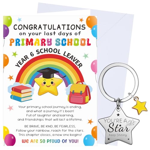 XINDY Primary School Leavers Gifts Year 6 Leavers 2026 Congratulations Graduation Card with Envelope & Star Keyring Class of 2026 End of Term Gifts for Children
