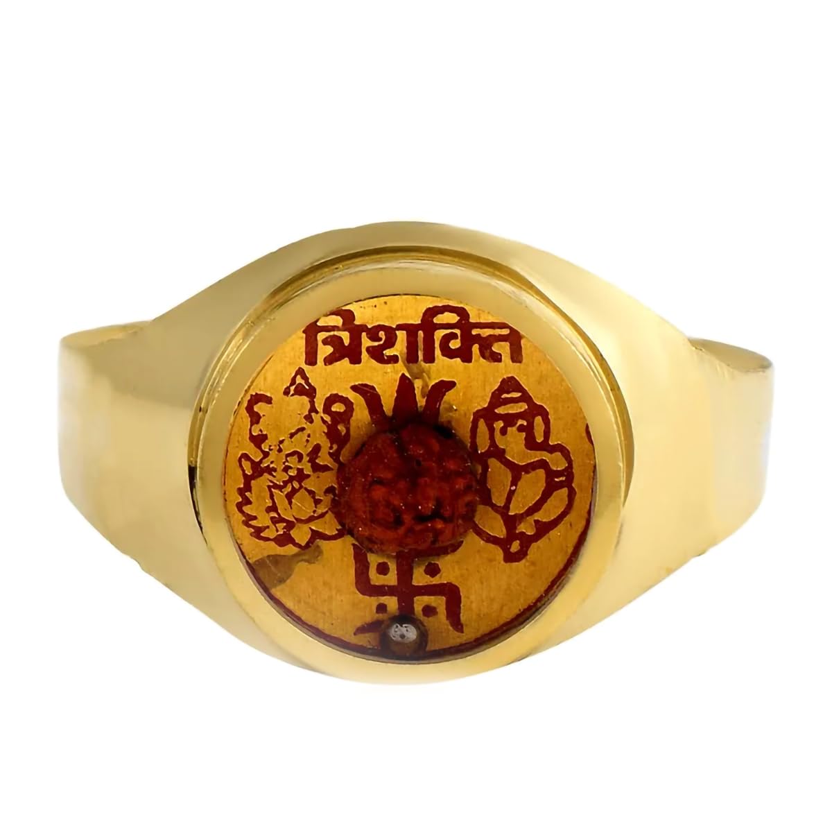 Trishakti Ring Brass – Gold Plated Religious Signet with Rudraksha Bead, Swastika & Ganesha Yantra, Traditional Vastu Good Luck Charm for Men & Women