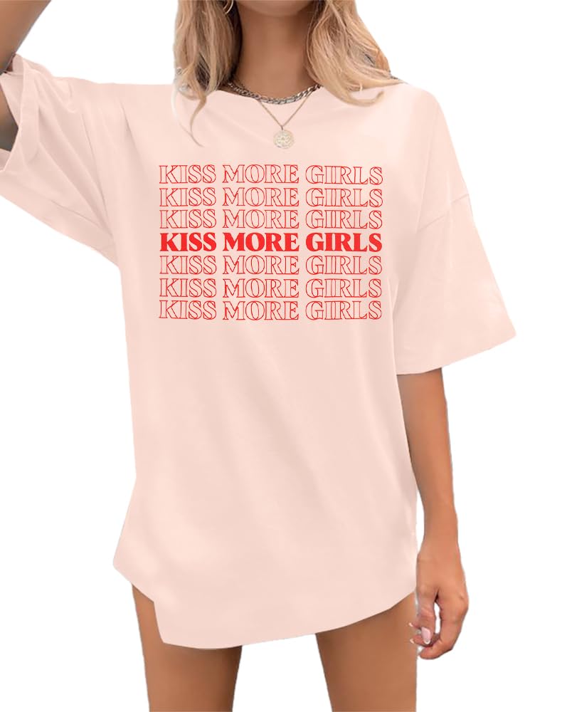Lesbian Pride Shirt Women Kiss More Girls Shirts for Lesbian Romance LGBT Lovers Funny Letter Print Tee Tops