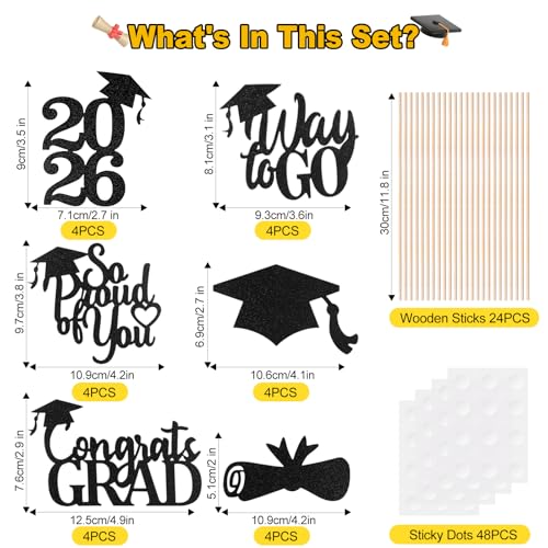 Image of Graduation Decorations 2026, 24 PCS Class of 2026 Double-Sided Centerpieces with Sticks, Black Glitter Grad Table Toppers and Party Supplies for Cake or Photo Booth