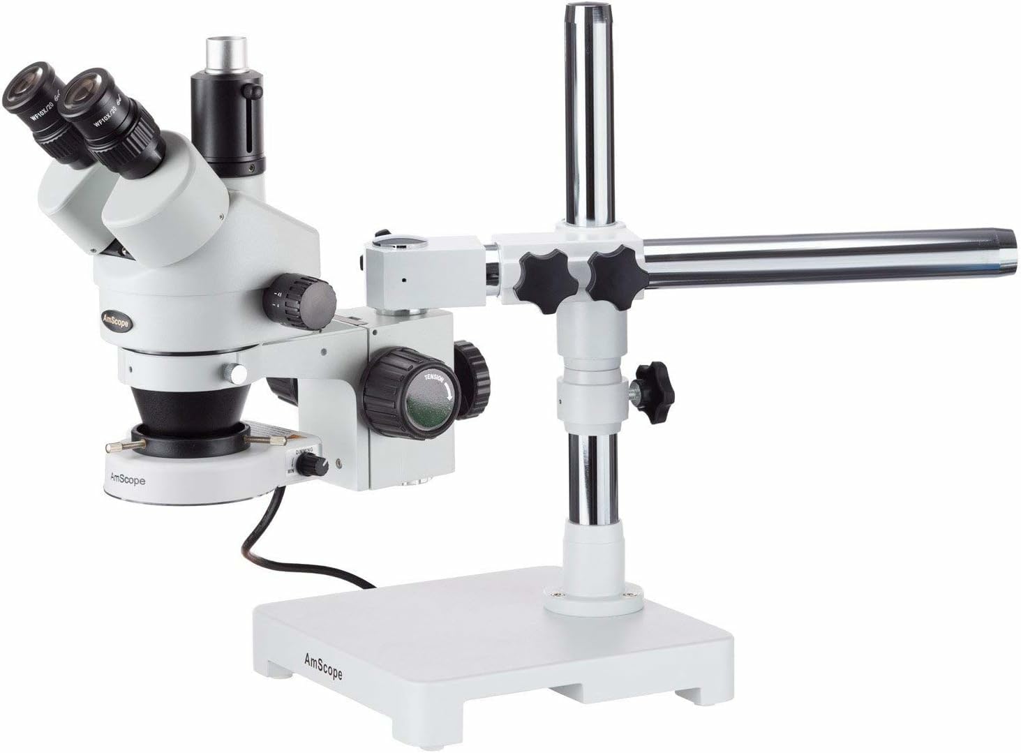 SM-3TZ-80S Professional Trinocular Stereo Zoom Microscope, WH10x Eyepieces, 3.5X-90X Magnification, 0.7X-4.5X Zoom Objective, 80-Bulb LED Ring Light, Single-Arm Boom Stand, 90V-265V, Includes 0.5X and 2.0X Barlow Lenses