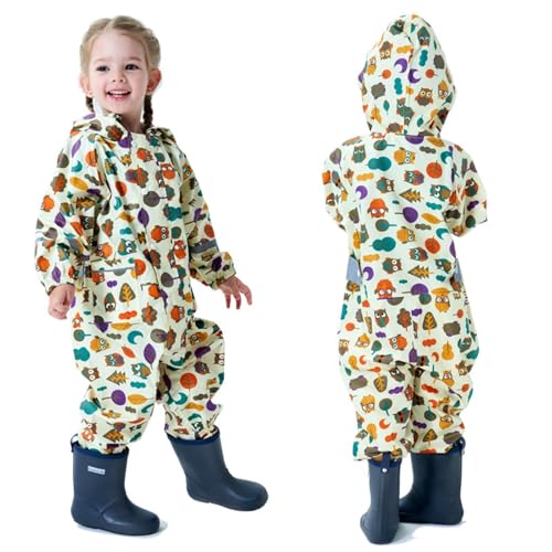 Kids Rain Suit Toddler Boys Girls One Piece Raincoat Waterproof Coverall Lightweight Cute Snap-Button Rain Jacket