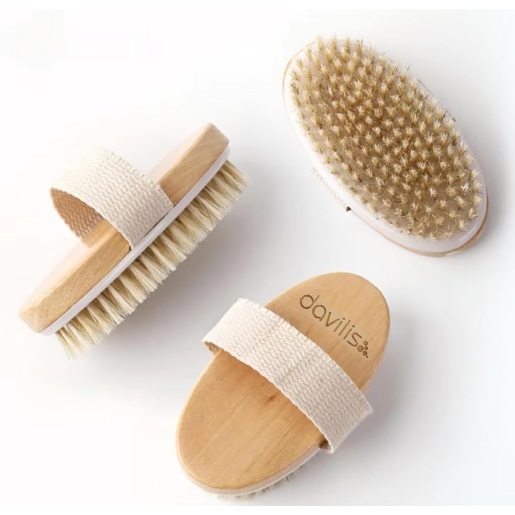 Davilis® Brosse pour le corps à sec exfoliant en bois avec poils naturels élimine la cellulite la peau morte et favorise le drainage lymphatique la circulation Scrub et Dry Brushing