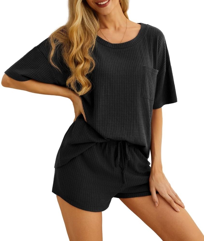 PrinStory Damen Waffel Kurzarm Pyjama Set Rundhals Schlafanzüge Für Damen Weich Pjs Loungewear Set Mit Taschen