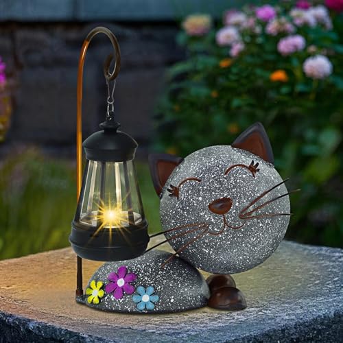 Glintoper Solar Garden Statue Cat Figurine with Lantern, Outdoor Metal Kitten Whimsical Lawn Porch Yard Art, Mothers Day Ideal Gifts, Lighted Ornaments for Patio Pathway Yard Decoration