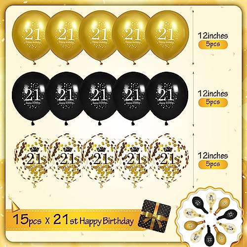 Image of 21st Birthday Balloons for Men, 15 Pcs Black Gold Happy 21st Birthday Balloons for Men Women 21 Years Old Party Decor Supplies