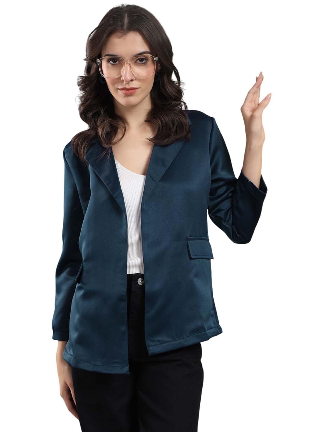 kotty Womens Solid Breathable Blue Antarctic Open Front Blazer-picture-18
