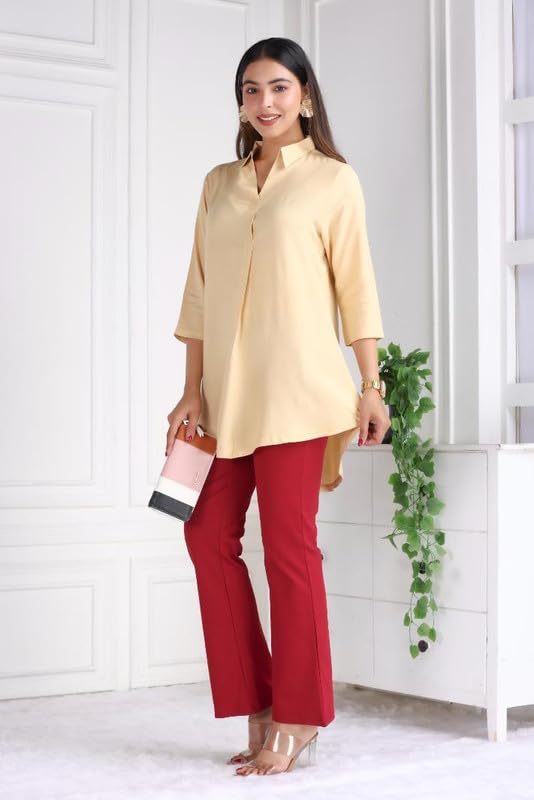 Image of Mlada Rayon Flare Top for Women | 3 /4th Sleeve Regular Fit and Flare Top | Women Office Tops Tunic | Western Long Shirt Top for Women | Shirt Collar Top for Women | Rayon Tunic Tops for Women Western