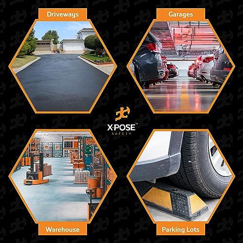 Image of Xpose Safety 48 inch Heavy Duty Rubber Parking Stopper (2 Pack) - Wheel Stops, Parking Lot Bumpers & Rubber Parking Curb for Garage, Driveway or Ramp - Car Bumper Stops with Yellow Reflective Strips