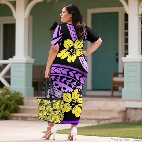 Image of Polynesian Dress for Women Short Sleeve High Waist Maxi Skirt | Puletasi dress, t-shirt and skirt two-piece, elastic material, lightweight, soft, plus size, luau party, wedding, clubwear