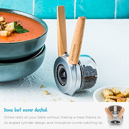 Dreamfarm Ortwo + Extra Jar | One-Handed Pepper Mill With Ceramic Grinder & Wooden Handle | Refillable Pepper Grinder | Adjustable Salt Grinder And Spice Mill | Manual Pepper Mill | 2Oz #TOP5
