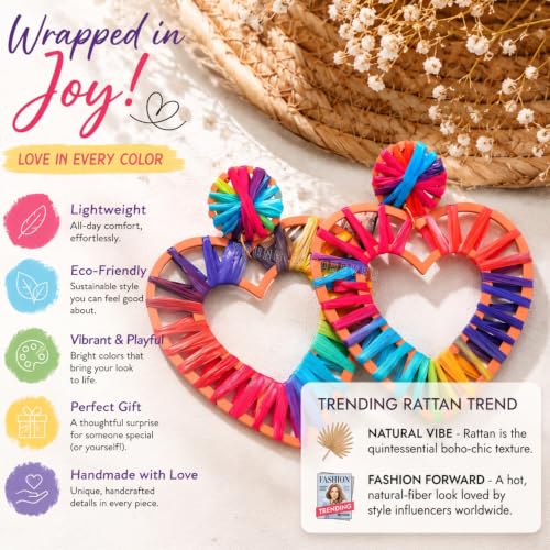 Image of Young & Forever Boho Rainbow Raffia Earring Pack - Handmade Woven Straw Geometric C-Hoop, Heart & Statement Drop Earrings for Women, Summer Beach Vacation Jewelry