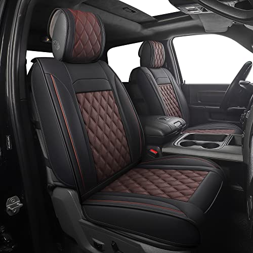 JOJOBAY Car Seat Covers for Dodge Ram Fit 2009-2025 1500/2500/3500 HD Pick-up Truck Crew Regular Quad Mega Cab Waterproof Synthetic Leather Seat Covers(2PCS-Front Black-Brown)