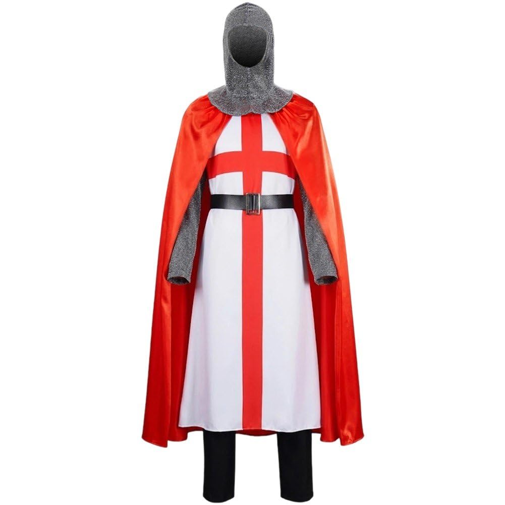 Stakee Crusader Knight Costume England Flag Tunic with Red Cape, Chainmail Headpiece and Belt, Mens King Arthur Fancy Dress for St Georges Day