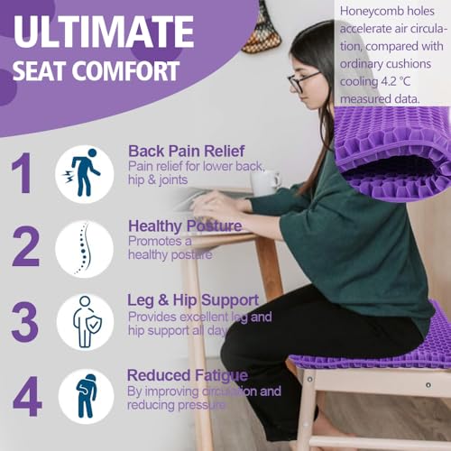 Image of Purple Gel Seat Cushion, 19.7 inch Extra Large Double Thick Chair Cushions for Office Chair, Wheelchair, Car Seat, Couch, Stadium Seat Cushion for Tailbone Pain Relief, Cooling & Breathable Seat Cushions