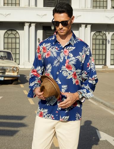 Hardaddy Men's Tropical Floral Button Down Long Sleeve Hawaiian Shirt Flower Printed Beach Shirts4
