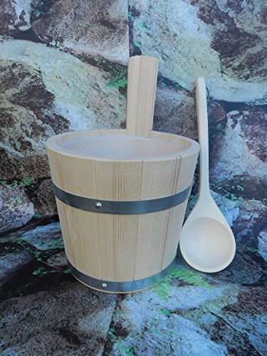 Achleitner Sauna-Set 2 teilig Aufgußkübel aus Fichtenholz,Kunststoffeinsatz und Aufgusskelle mit Lederschlaufe