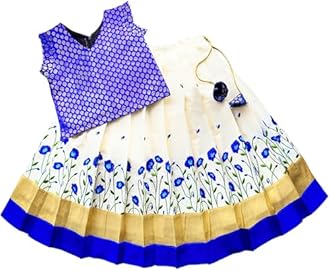 Stanwells Kids Lehenga Choli For Girls Floral Pattern Traditional Dress Ethnic Wear For Baby Girls Peacock Cotton Silk Kerala South Indian Pattu Pavadai Lehenga for Kids