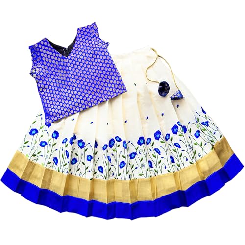 Stanwells Kids Lehenga Choli For Girls Floral Pattern Traditional Dress Ethnic Wear For Baby Girls Peacock Cotton Silk Kerala South Indian Pattu Pavadai Lehenga for Kids