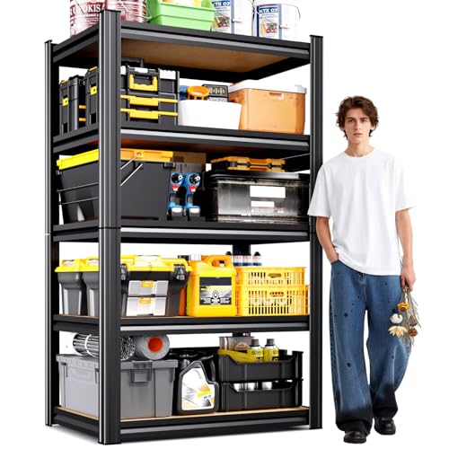 Image of 71 inchH Heavy Duty Garage Shelving - 1900 LBS Capacity 5-Tier Metal Storage Shelves, 71 inchH x 28 inchW x 12 inchD Adjustable Steel Utility Rack, Compact Storage Shelf for Pantry, Closet, Basement, Shed - Black