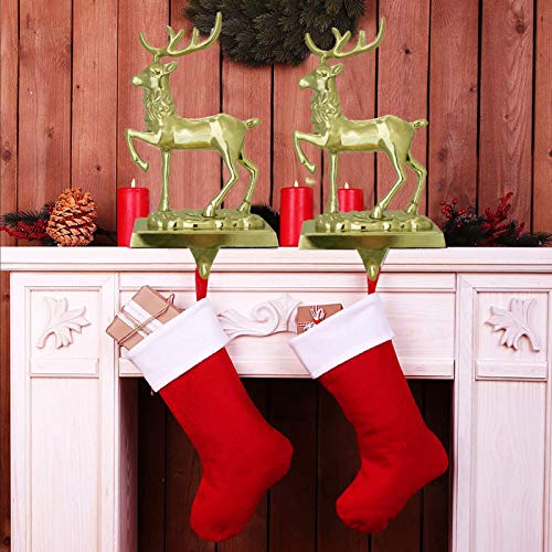 NaTursou Christmas Reindeer Stocking Hanger Metal Elk Mantel Stockings Holders for Fireplace Holiday Christmas Decorations (Gold)