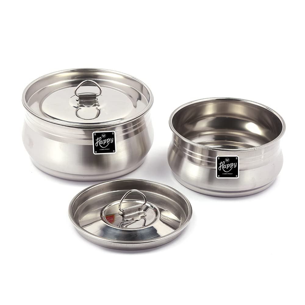 Happy Stainless Steel Tango Pot/Dish/Handi with Lid 450ml, 1080ml (Set of 2)