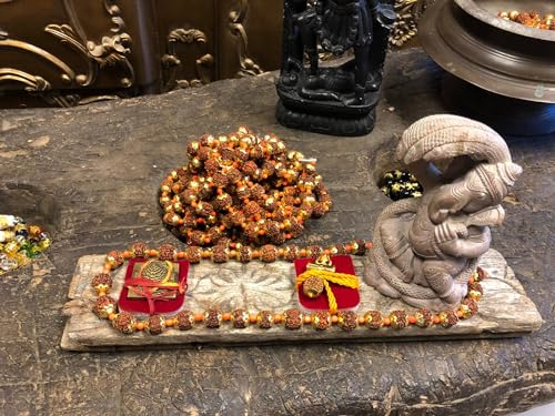 Mogul Interior Wisdom Prosperity Altar, Ganesha Carved Stone Statue, Rudraksha Mala