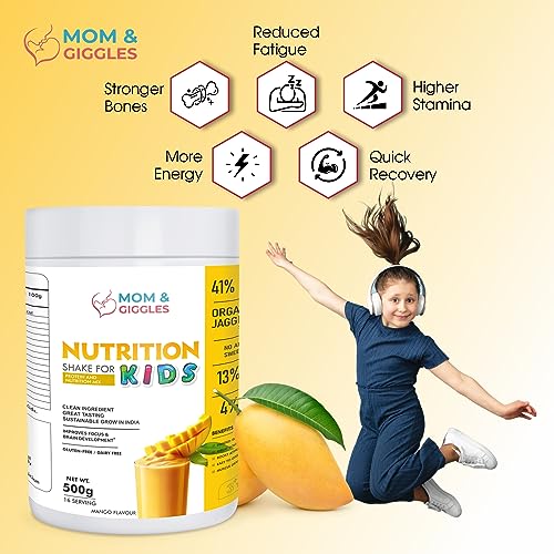Image of MOM & GIGGLES Plant Based Protein Powder| Vegan protein Powder | Pea Protein Powder | Kids Nutrition Shake - With Shaker - (Banana Flavour) Pack of 1-500 gm