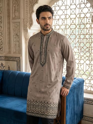 Image of Jompers Men Embroidered Silk Blend Kurta (Brown, M)