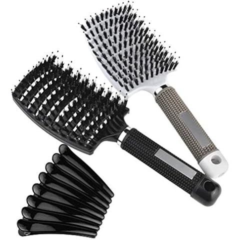 2pcs Boar Bristle Hair Brushes Curved Vented Hair Brush Hair Massage Styling Comb for Men & Women + 8pcs black Hair Clips Cover