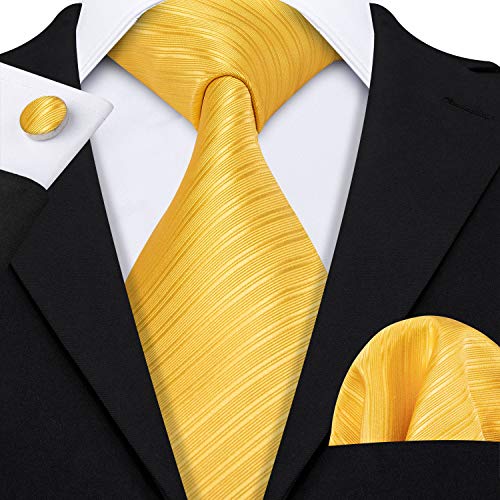 Image of Barry.Wang Solid Striped Tie for Men Silk Necktie Pocket Square Cufflinks Formal Wedding Party Business