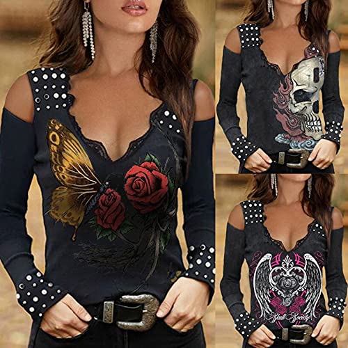 Masrin-Trendige-Oberteile-fuer-Damen-Gothic-Style-Skulls-Rose-Printing-Shirts-Sommer-Herbst-Schulterfreies-Sweatshirt-Schmale-Tunika-mit-V-Ausschnitt-aus-Spitze-Langarmbluse