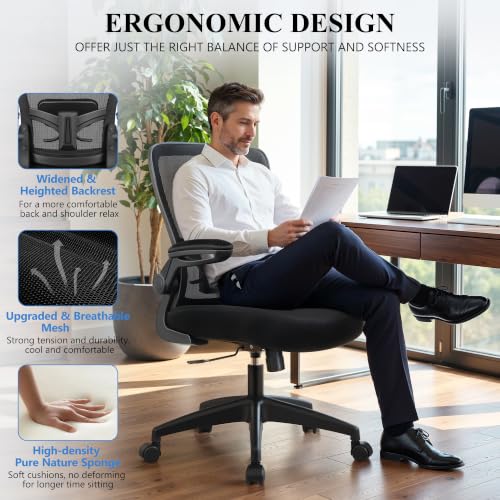 Image of FelixKing Office Chair, Ergonomic Desk Chair Breathable Mesh Chairs Adjustable High Back Lumbar Support Flip-up Armrests, Executive Rolling Swivel Comfy Computer Chairs Home Office Black