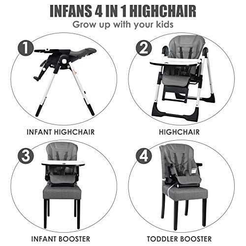 INFANS 4 in 1 Excessive Chair–Booster Seat, Convertible Highchair w/Adjustable Peak and Recline, Detachable Tray, Removable Cushion, Set up-Free, Easy Fold for Child, Toddler & Toddler, Grey 2 51UqejluicL