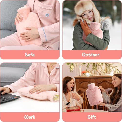 Image of Hot Water Bottle with Soft Cover 2000ml | Durable Hot Bags for Pain Relief Menstrual,Period Cramps | Leakproof Safe Portable Injection Water Bag for Neck,Hand Feet and Shoulder,2 Liters,Pink)