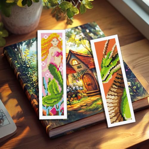 Image of INFUNLY 6 Set Fairytale Elements Cross Stitch Bookmark Kits 8 inchx2.4 inch DIY Mermaids Embroidery Bookmark Kits for Beginners with Instruction Cartoon Castle Bookmark Making Kit for Book Lovers Reader Gift