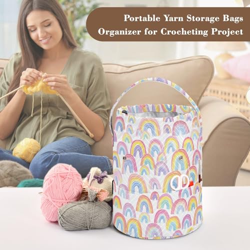 Image of ElliTarr Crochet Bag Yarn Bag with Handle Portable Knitting Project Bag Travel Yarn Storage Organizer Holder Case Gradient Cute Rainbows