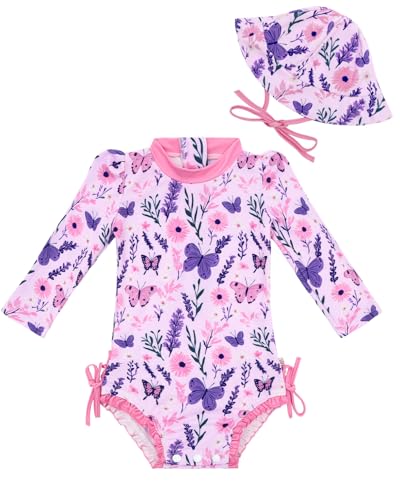 ALVABABY Girls' Swimsuit with Hat, Girls' Rash Guard Sets,Puffed Sleeve,3M-4T Bathing Suit for Outdoor Activities