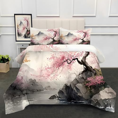 SYHIEGO Edredón doble, reversible, flor de cerezo japonés, edredón sin funda, edredón de pintura de tinta para todas las estaciones, edredón Fuji con 2 fundas de almohada, edredón de microfibra