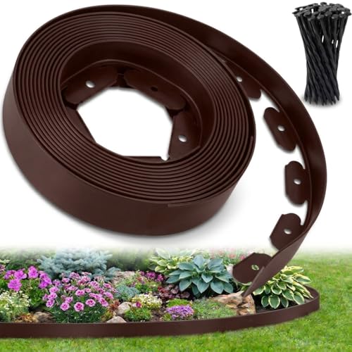 Ediesi, Bordura Jardín Exterior, 10 m, Flexible, Borde plástico Resistente 5 mm, borduras para delimitador césped, Caminos fácil instalación con 30 Piquetas (Marrón, 10 Metros)