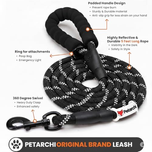 Image of Petarchi Reflective Dog Leash with Comfortable Padded Handle - Heavy Duty Nylon Rope Lead for Small Medium Large Breed Dogs, Training Walking Running Outdoor - Black with Strong Metal Clip (3FT)